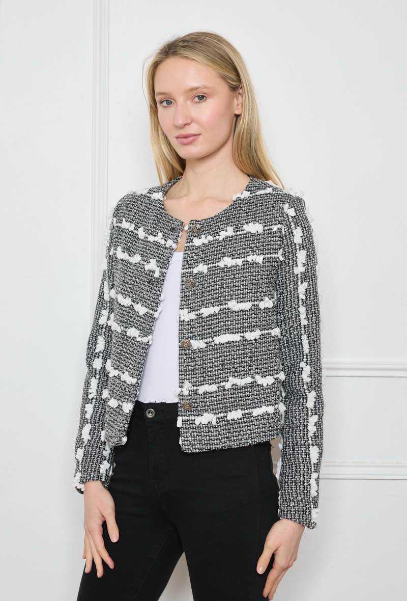 Veste tweed en laine col rond avec détails