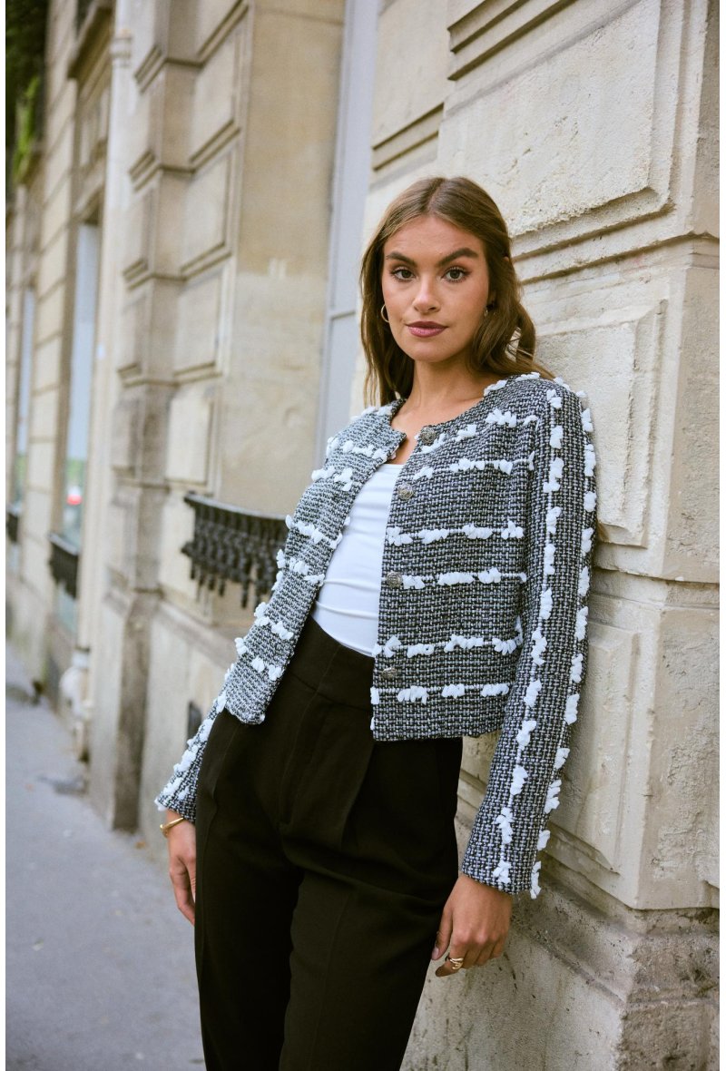 Veste tweed en laine col rond avec détails