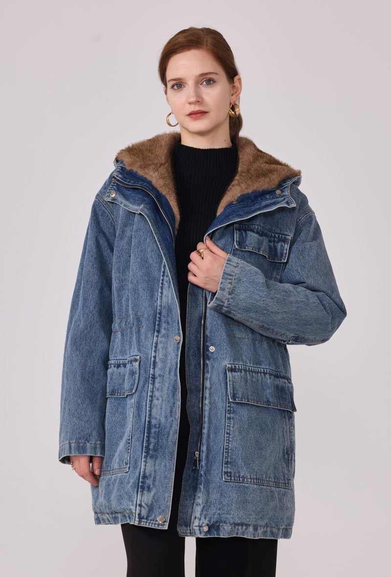 Manteau Denim mi-long à capuche