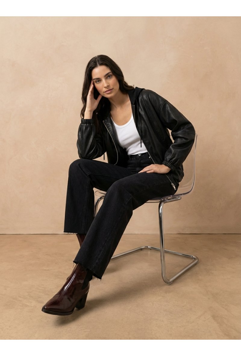 Veste bomber en cuir avec capuche amovible - Noir