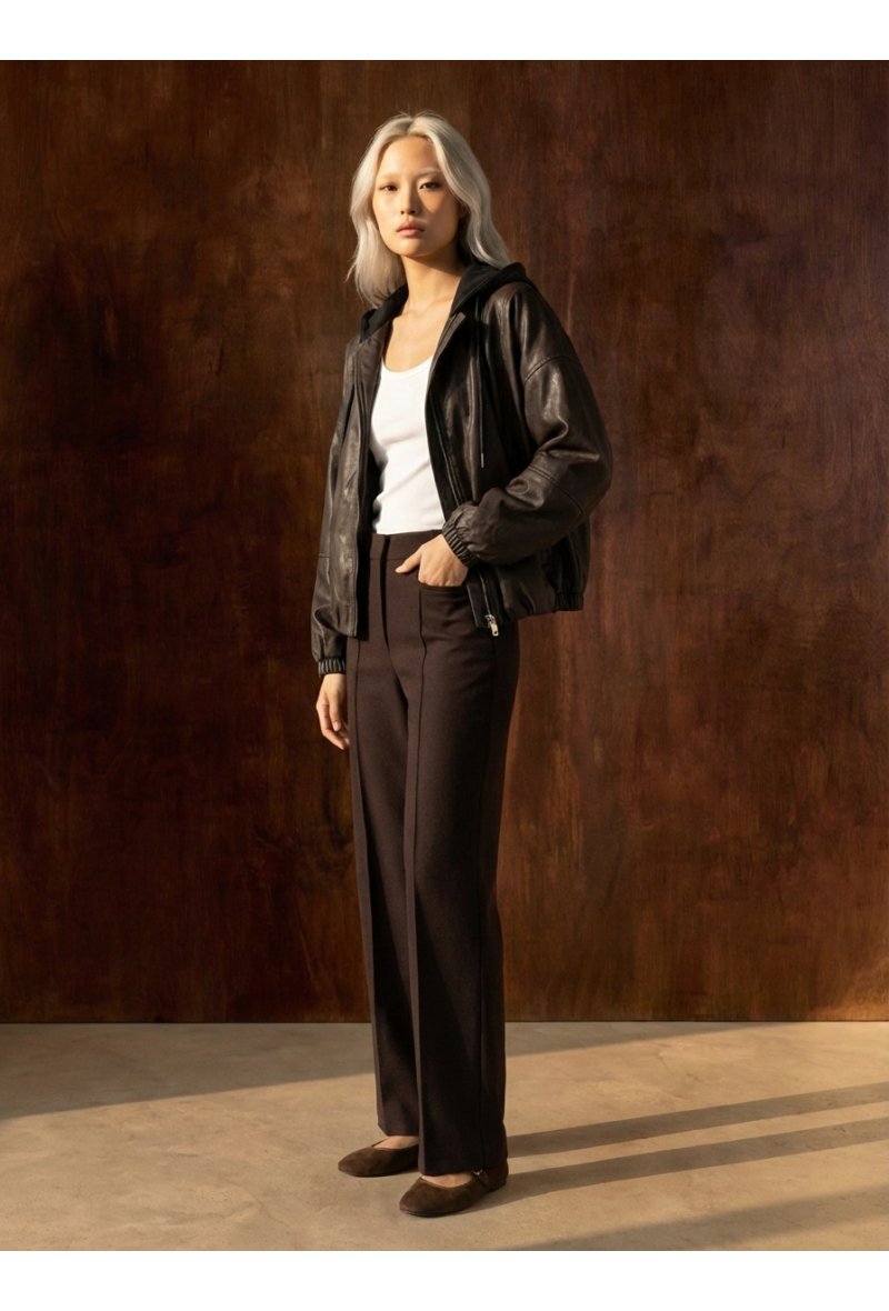 Veste bomber en cuir avec capuche amovible - Café