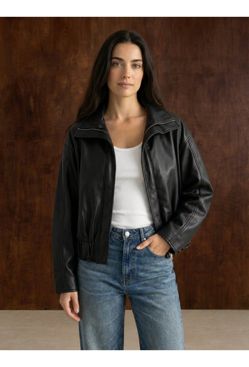Veste bomber en cuir oversize - Noir