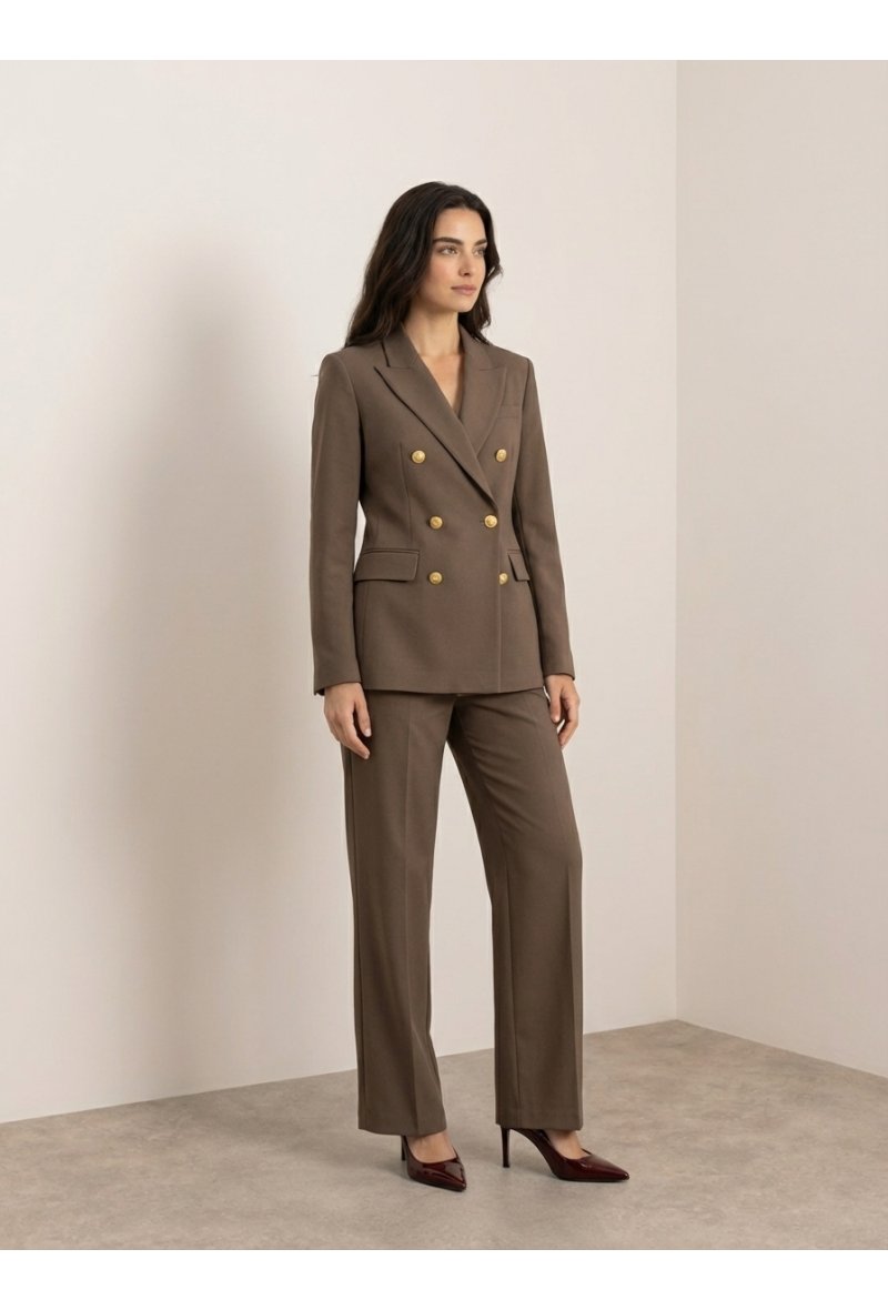 Veste tailleur croisée ornée de boutons dorés - Café