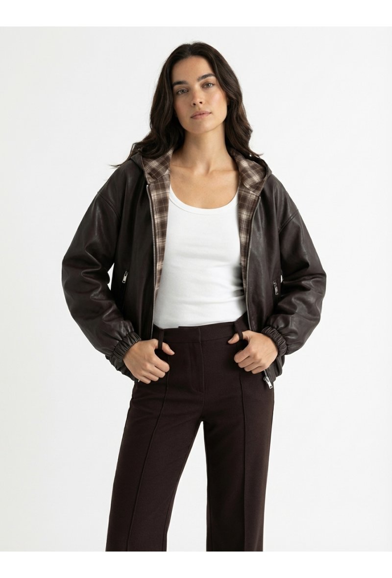 Veste bomber en cuir oversize - Café