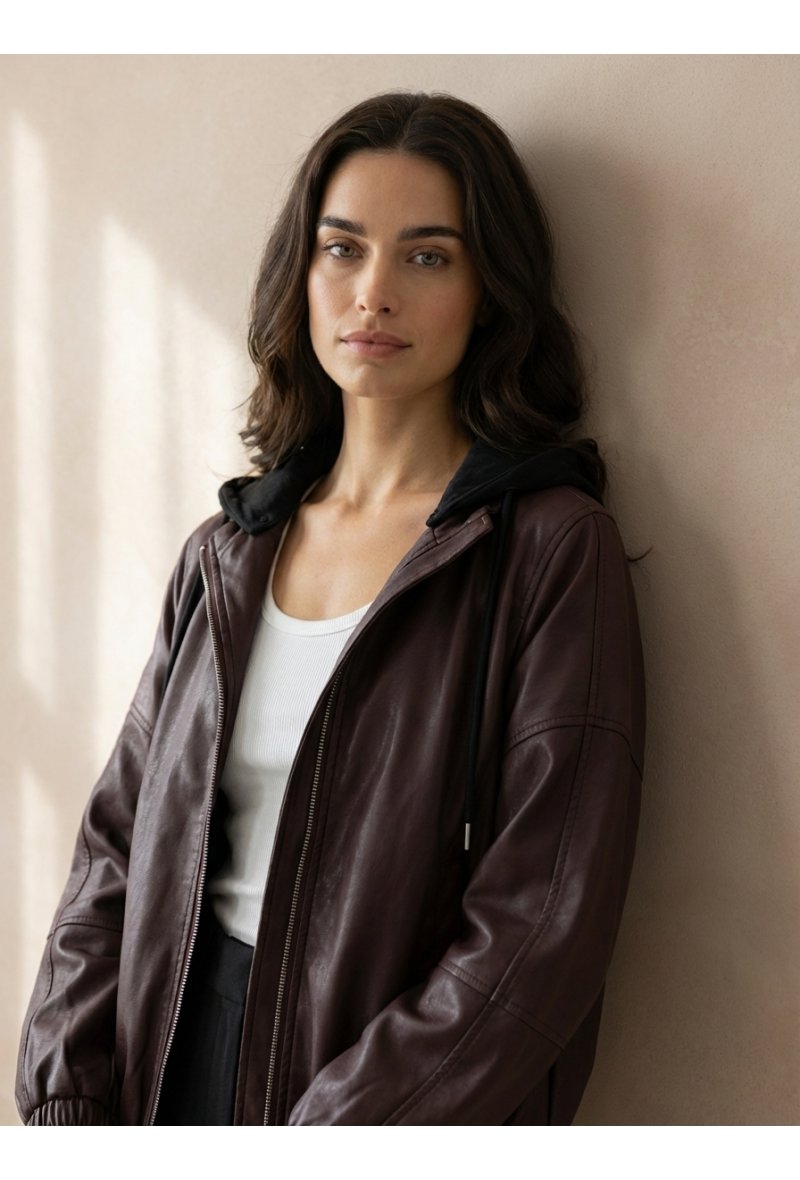 Veste bomber en cuir avec capuche amovible - Bordeaux