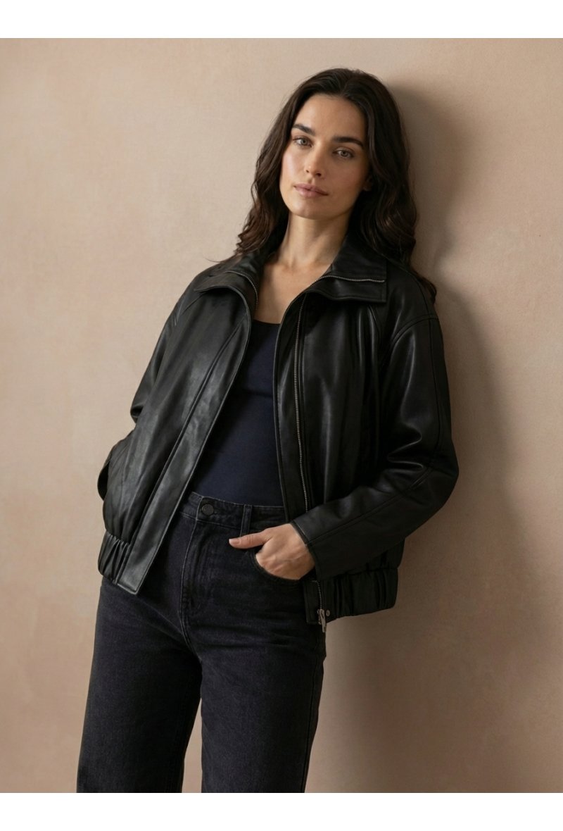 Veste bomber en cuir oversize - Noir